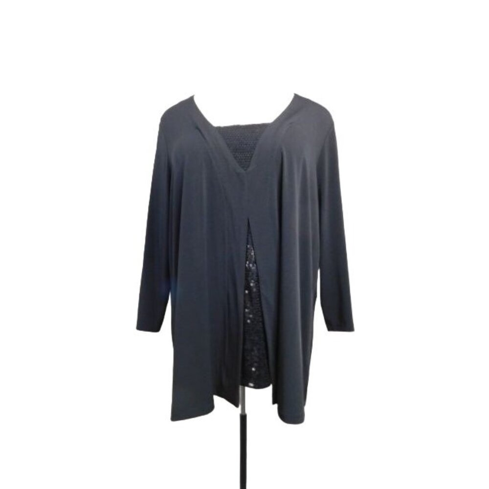 Slinky Brand Size 3X Plus Size Black Sequin 3/4 Sleeve tunic Blouse Top